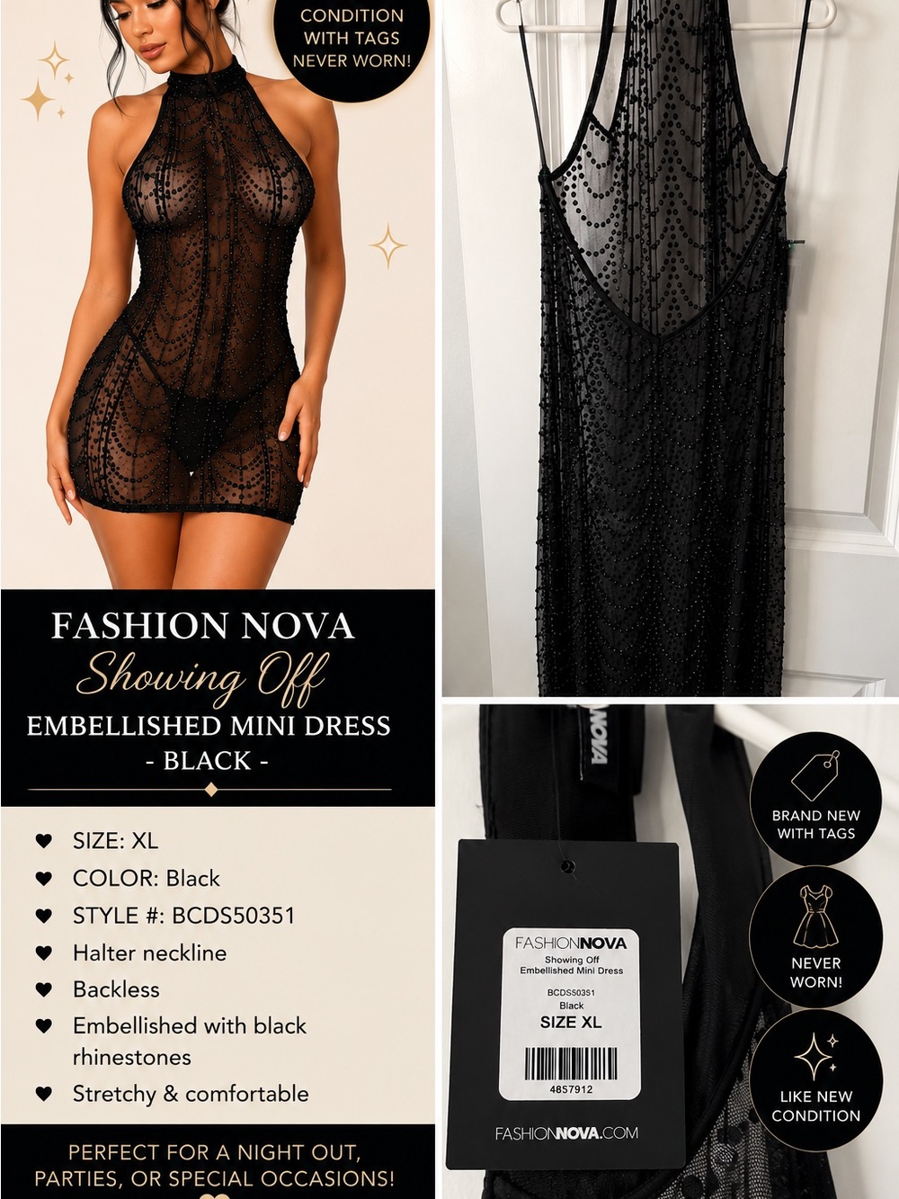 Fashion Nova Black Embellished Sheer Halter Mini Dress